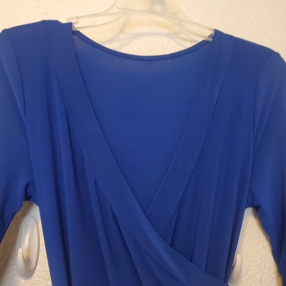Janette Fashion Fake Wrap Blue Faux Wrap Jersey Knit Maxi Dress 3/4 Sleeve Med - Picture 5 of 16